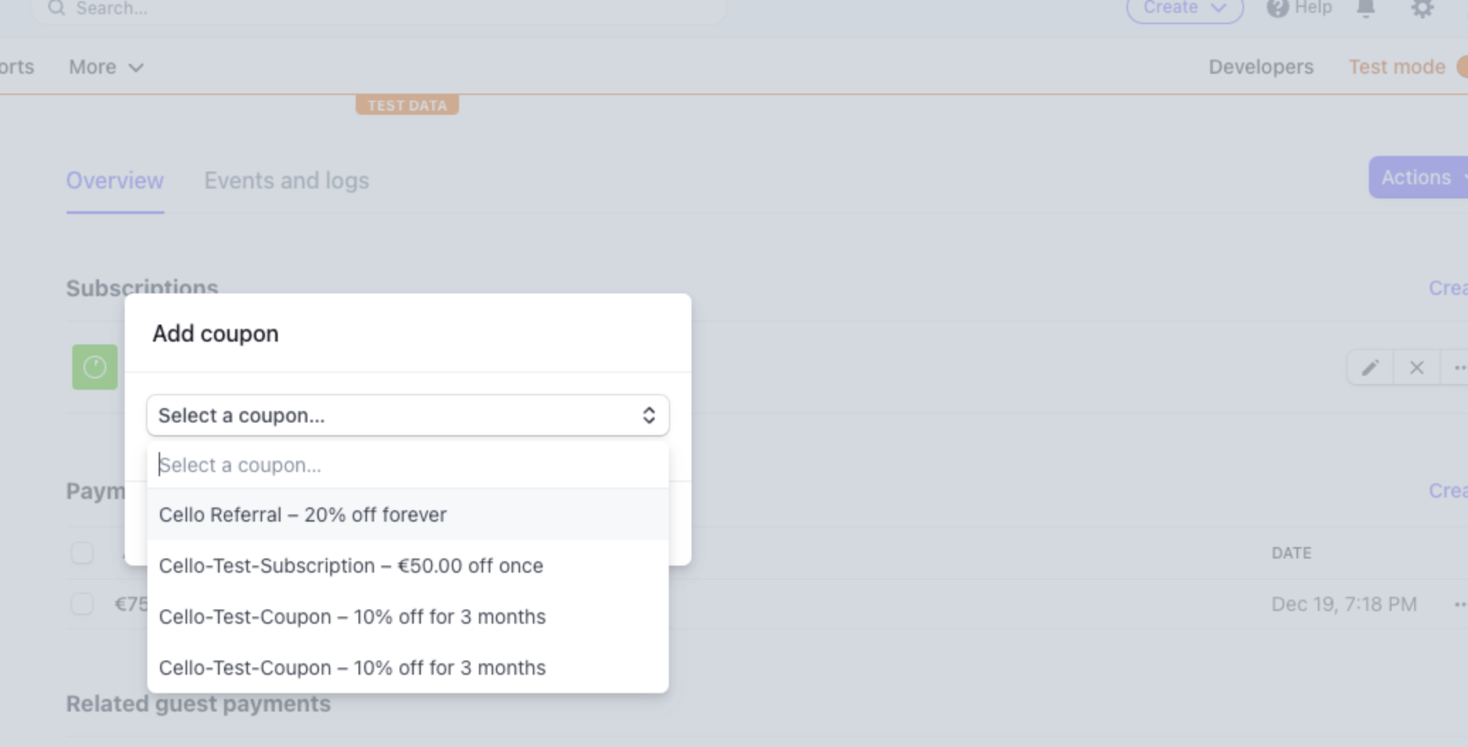 Coupon selection in Stripe Console