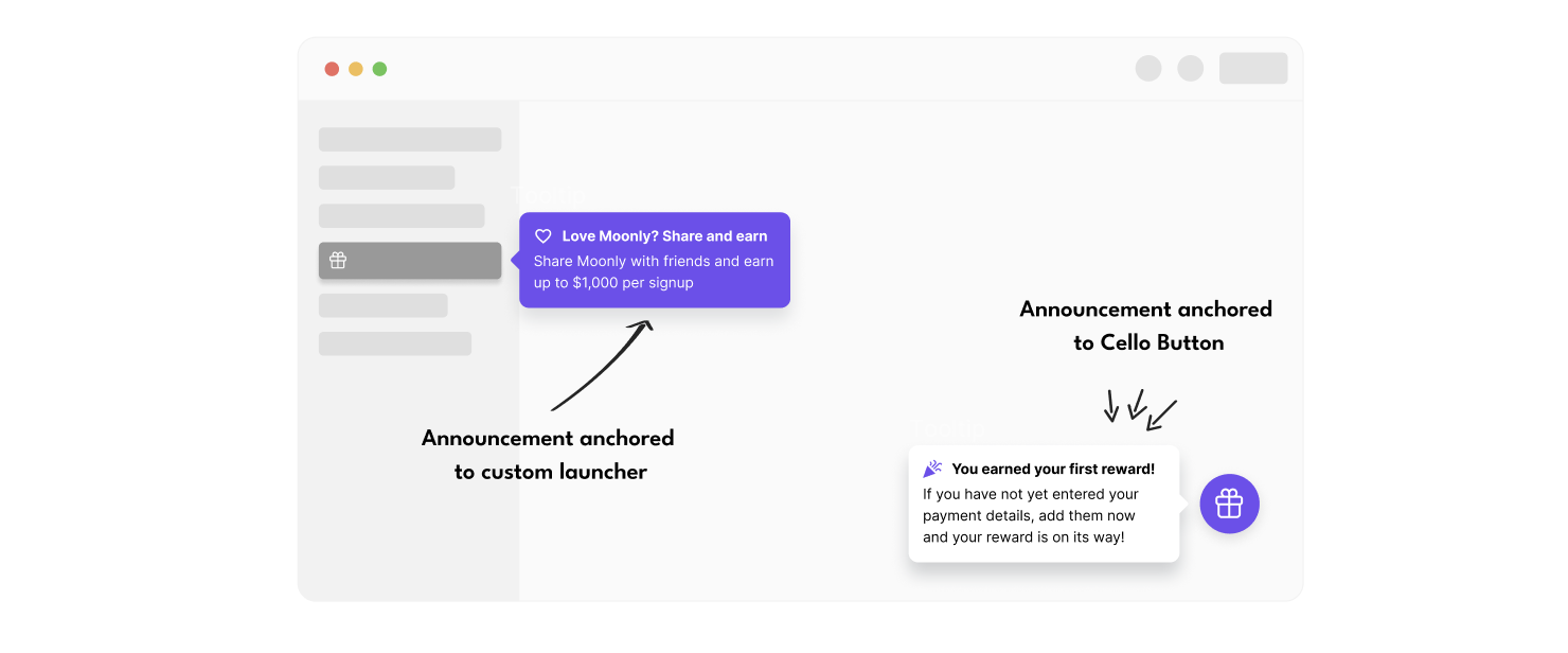 Announcement examples anchored Cello Button or Cello Custom Launcher