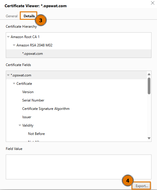 Export “[https://update.dl.opswat.com](https://update.dl.opswat.com/)” certificate.