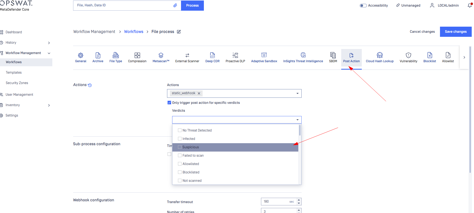 _If you prefer to trigger the post action only for specific verdicts—for example, Suspicious results—please select this option. The webhook server will then receive only the Suspicious results._ _If no verdicts are chosen, MD Core will send all scanned result to webhook server_