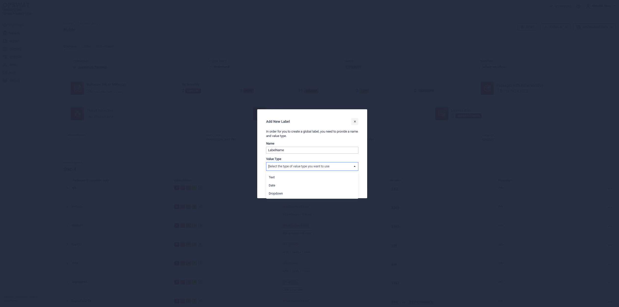 Value types available for labels: Text, Date, and Dropdown