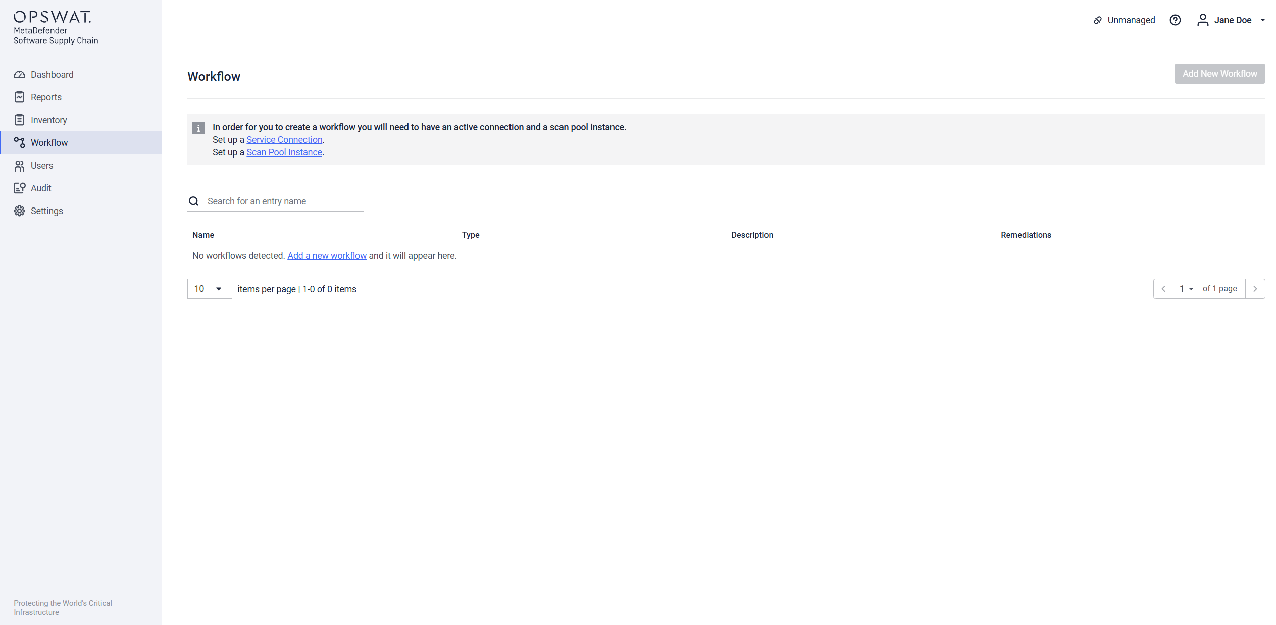 Create Workflow form, in case there is no scan pool registered