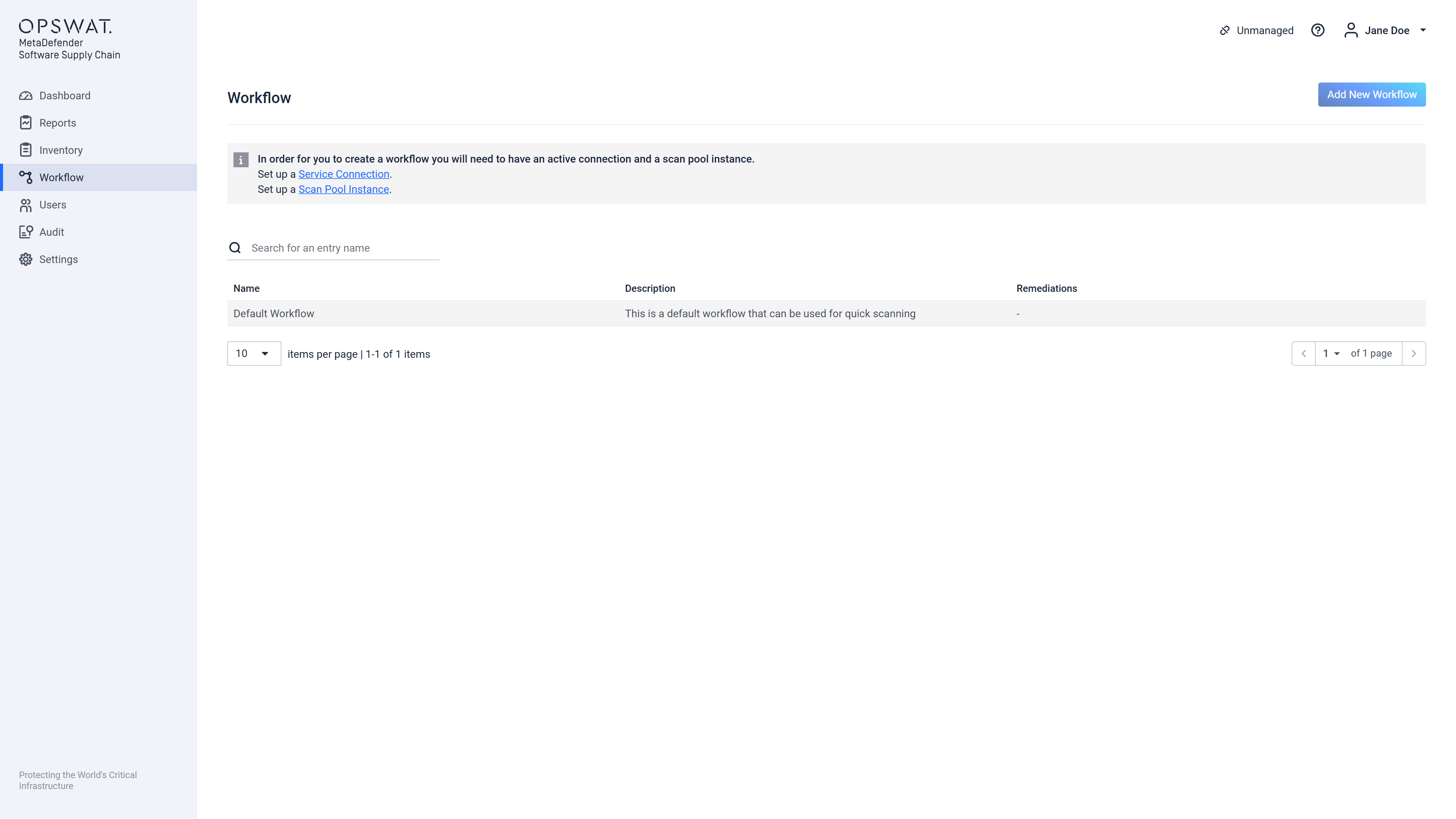 Workflow page, in case there is no scan pool registered