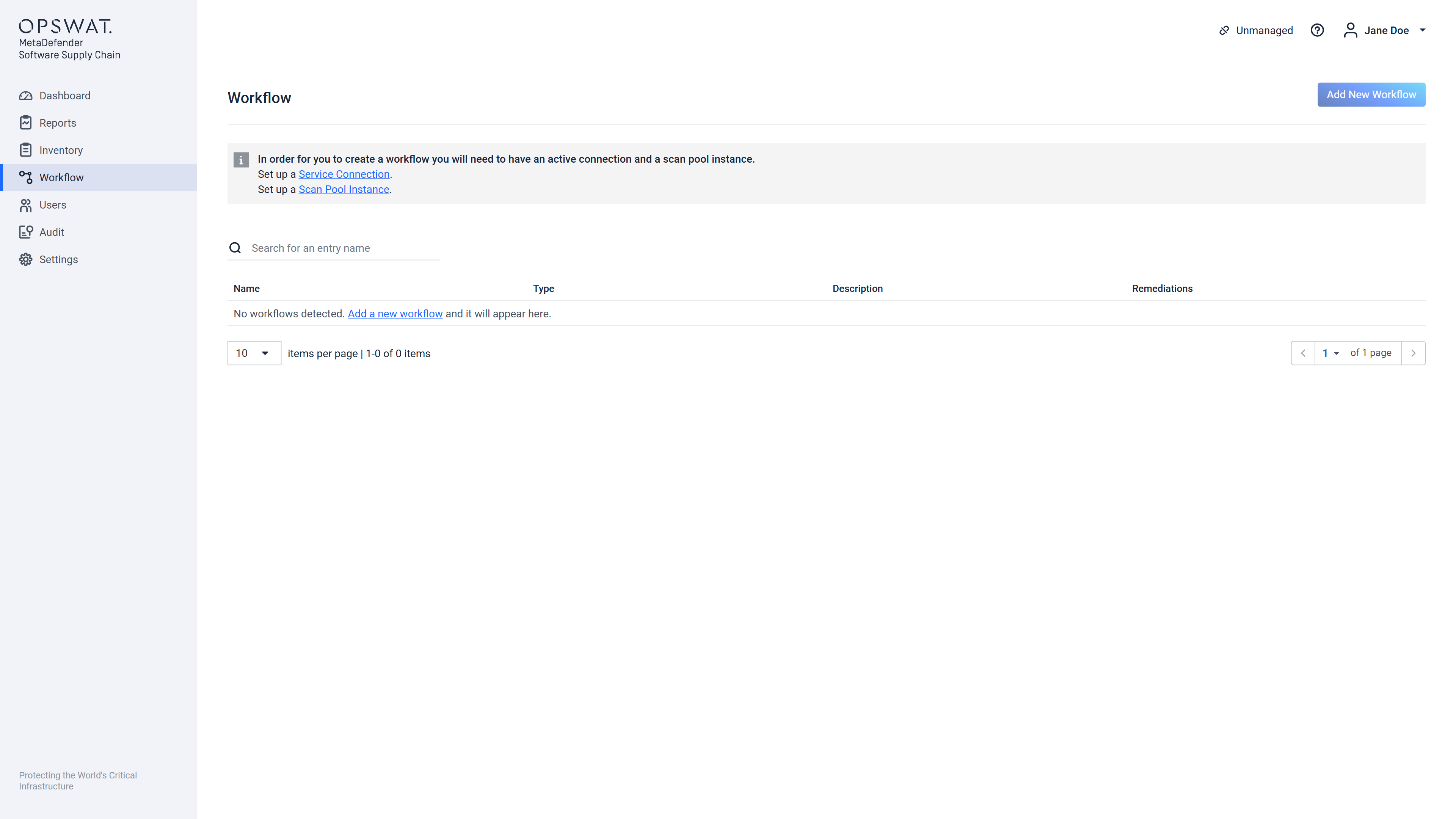 Create Workflow form, in case there is no scan pool registered