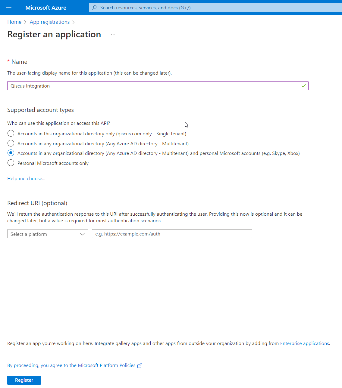 App registration form