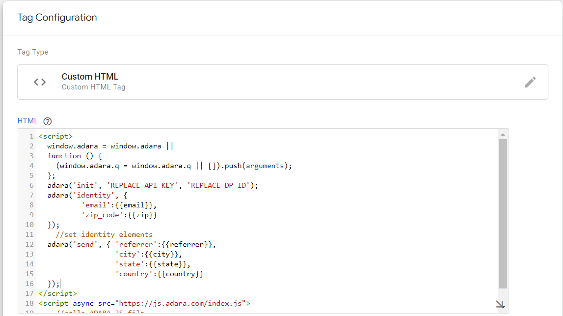 GTM: **Tag Configuration** window with example code

![](https://uploads.developerhub.io/prod/joyJ/q3l90fb1qqeql2h1ir3vpa09gu286vonrs595yma3ui0wsbl2q09kvvuf7xwmjts.png)

GTM: **Trigger** window with example selections