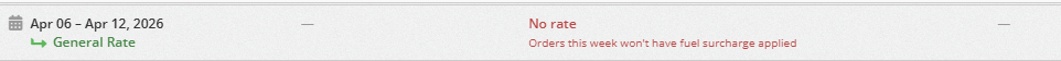 A month row showing 'No rate' in red, indicating no fuel surcharge will be applied for orders delivered that month