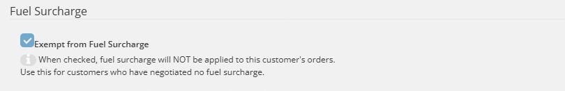 The Customer edit page showing the 'Exempt from Fuel Surcharge' checkbox in the Fuel Surcharge section