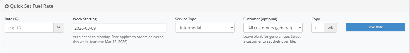 The Quick Set form with fields for Rate, Month, Service Type, Customer, and Copy months