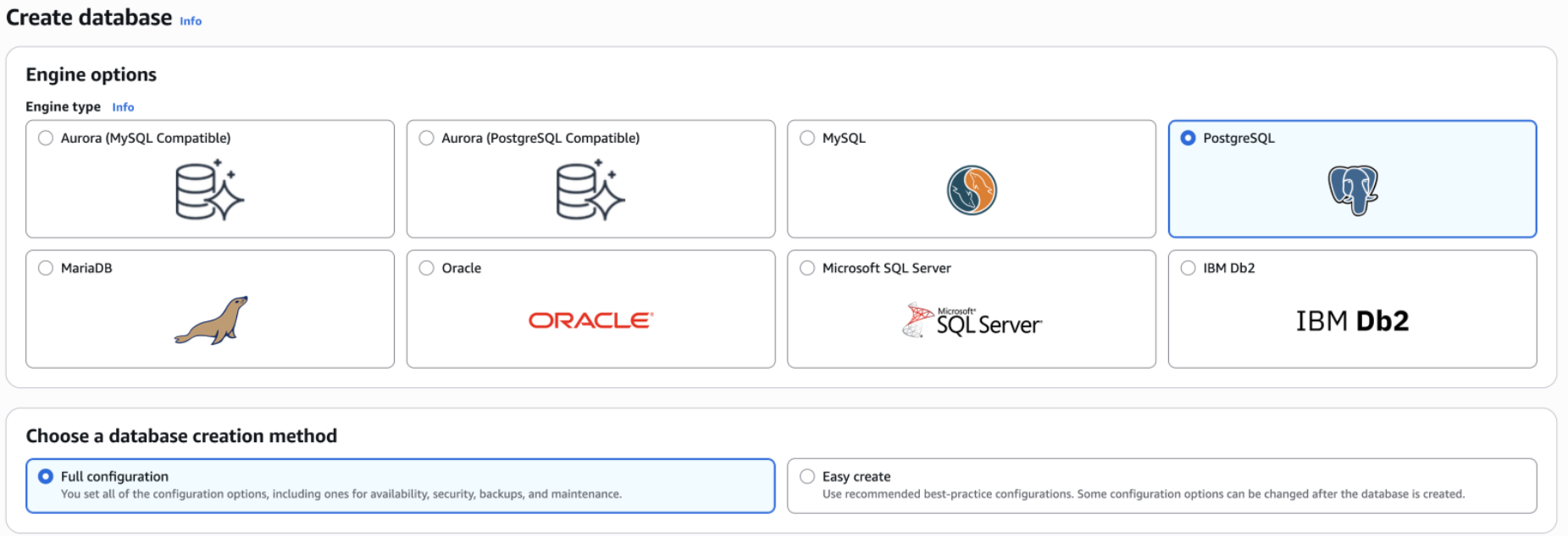 Figure 1. Select PostgreSQL in Aurora/RDS and use full configuration.