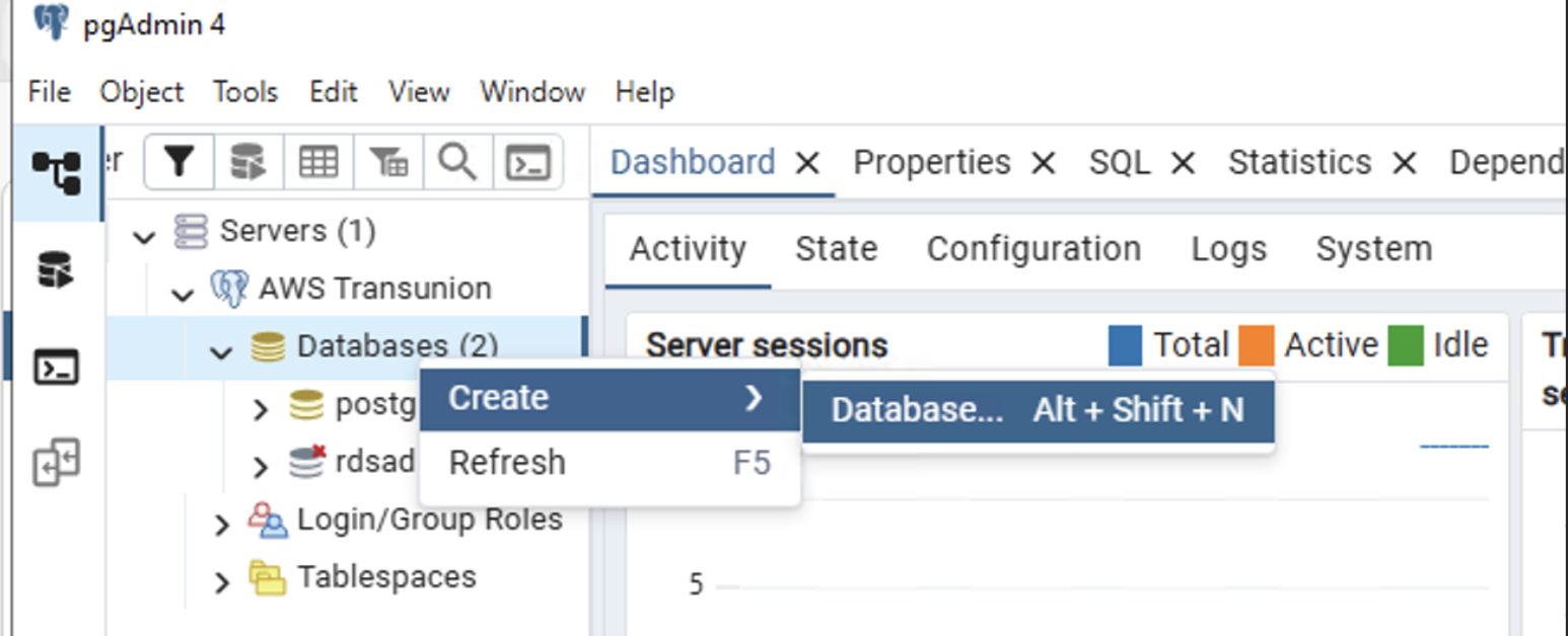 Figure 3. Create a new database from pgAdmin.