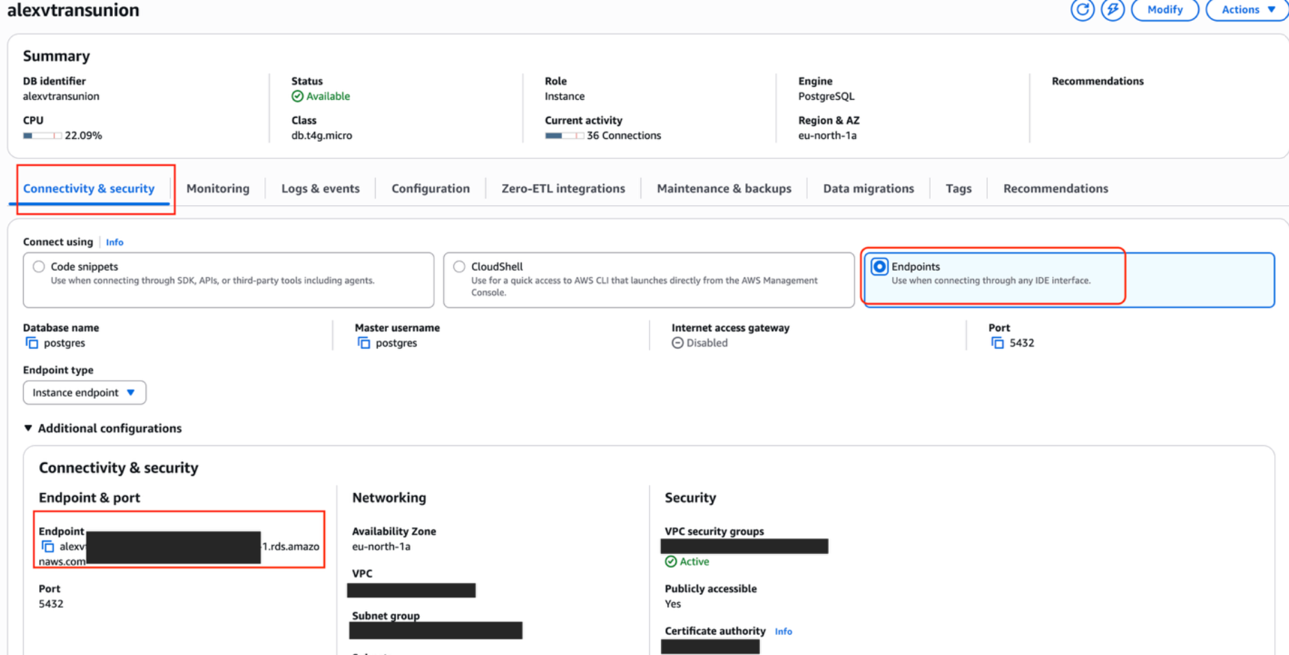 Figure 2. Copy the endpoint and confirm the database port.