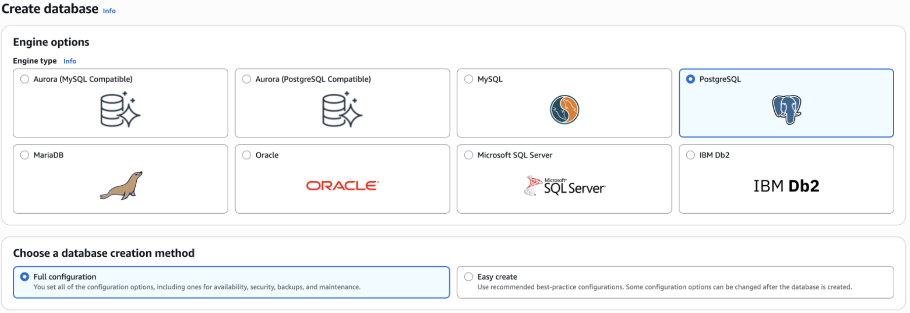 Figure 1. Select PostgreSQL in Aurora/RDS and use full configuration.