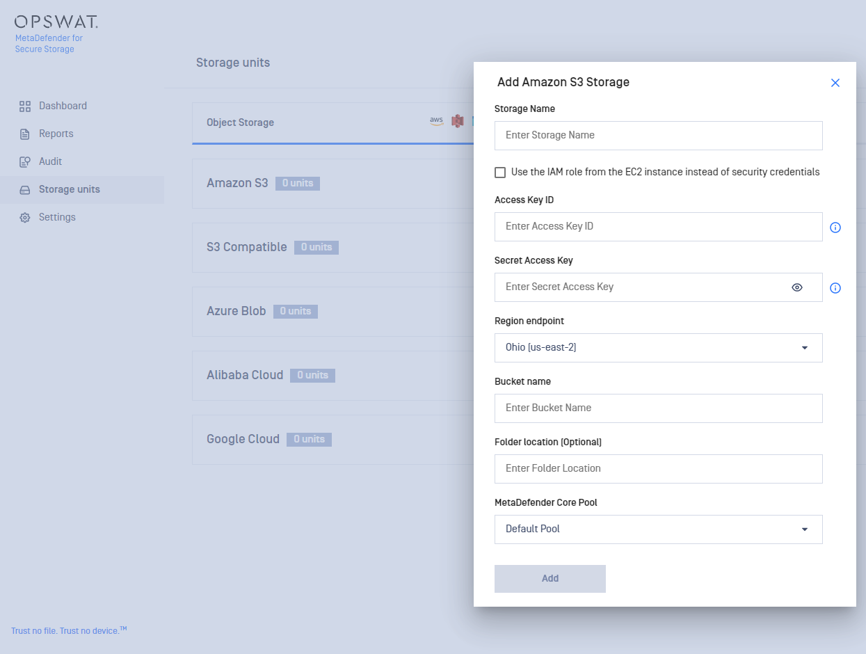 Add An Amazon S3 Storage MetaDefender for Secure Storage