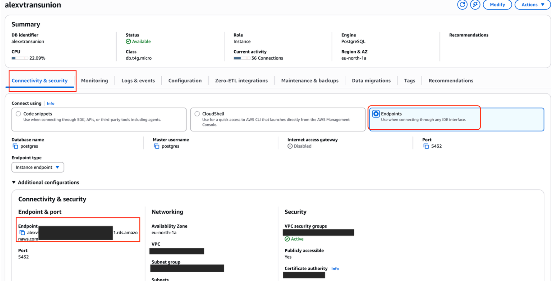 Figure 2. Copy the endpoint and confirm the database port.