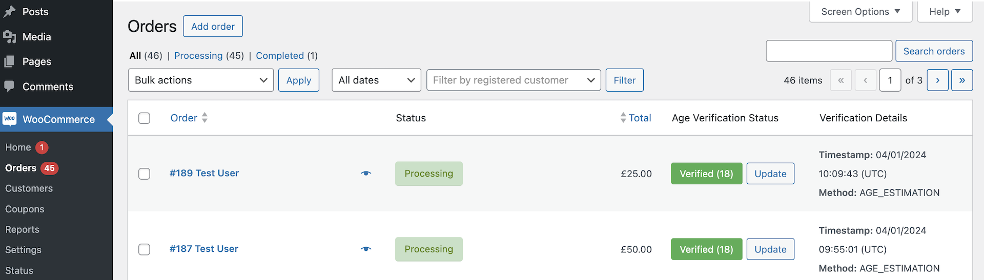 Orders page