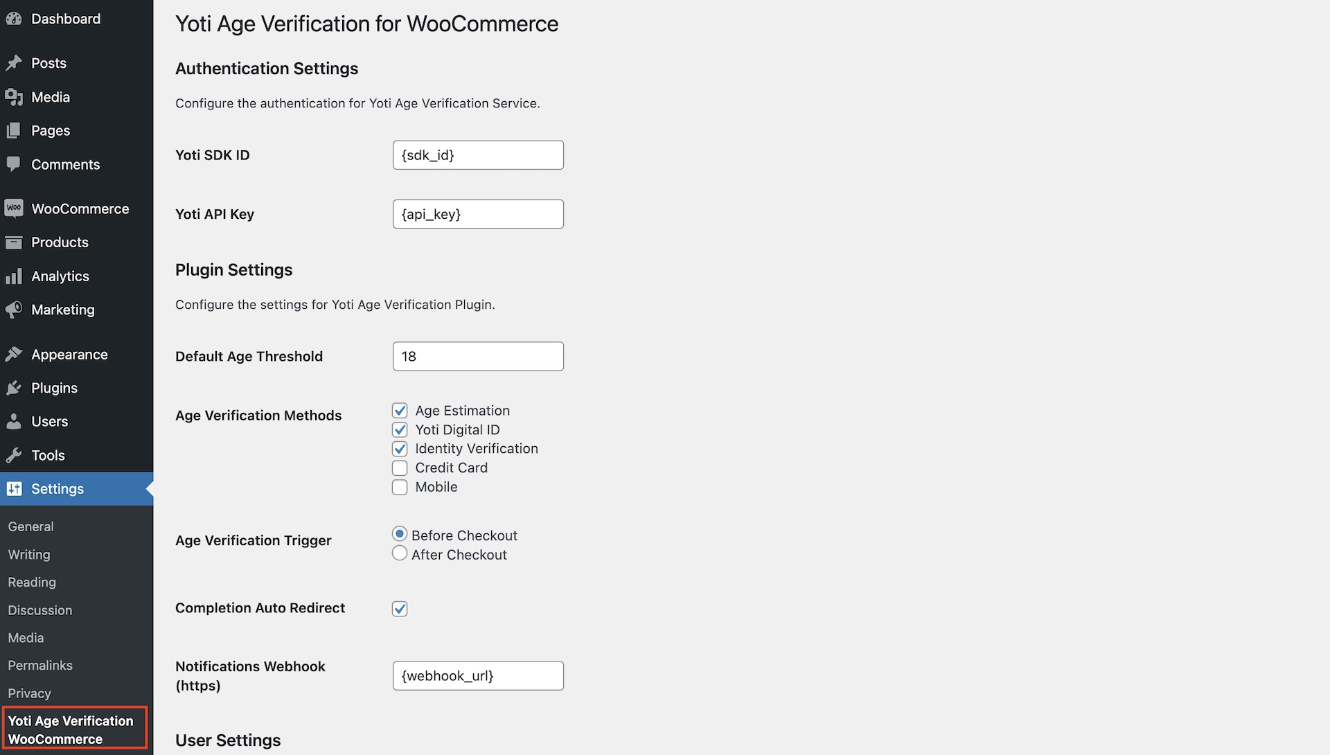 Settings > Yoti Age Verification WooCommerce