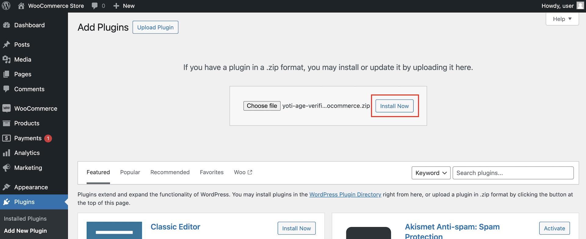 Settings > Plugins > Add New Plugin > Upload Plugin > Install Now