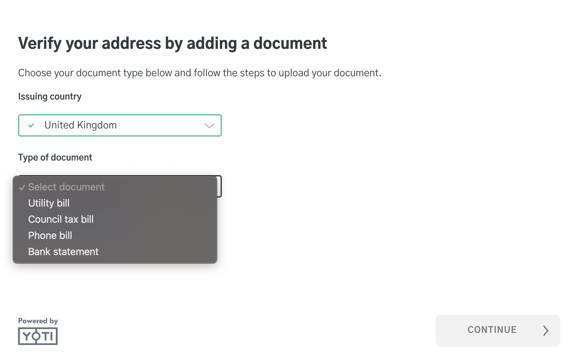 User flow: Select document type.