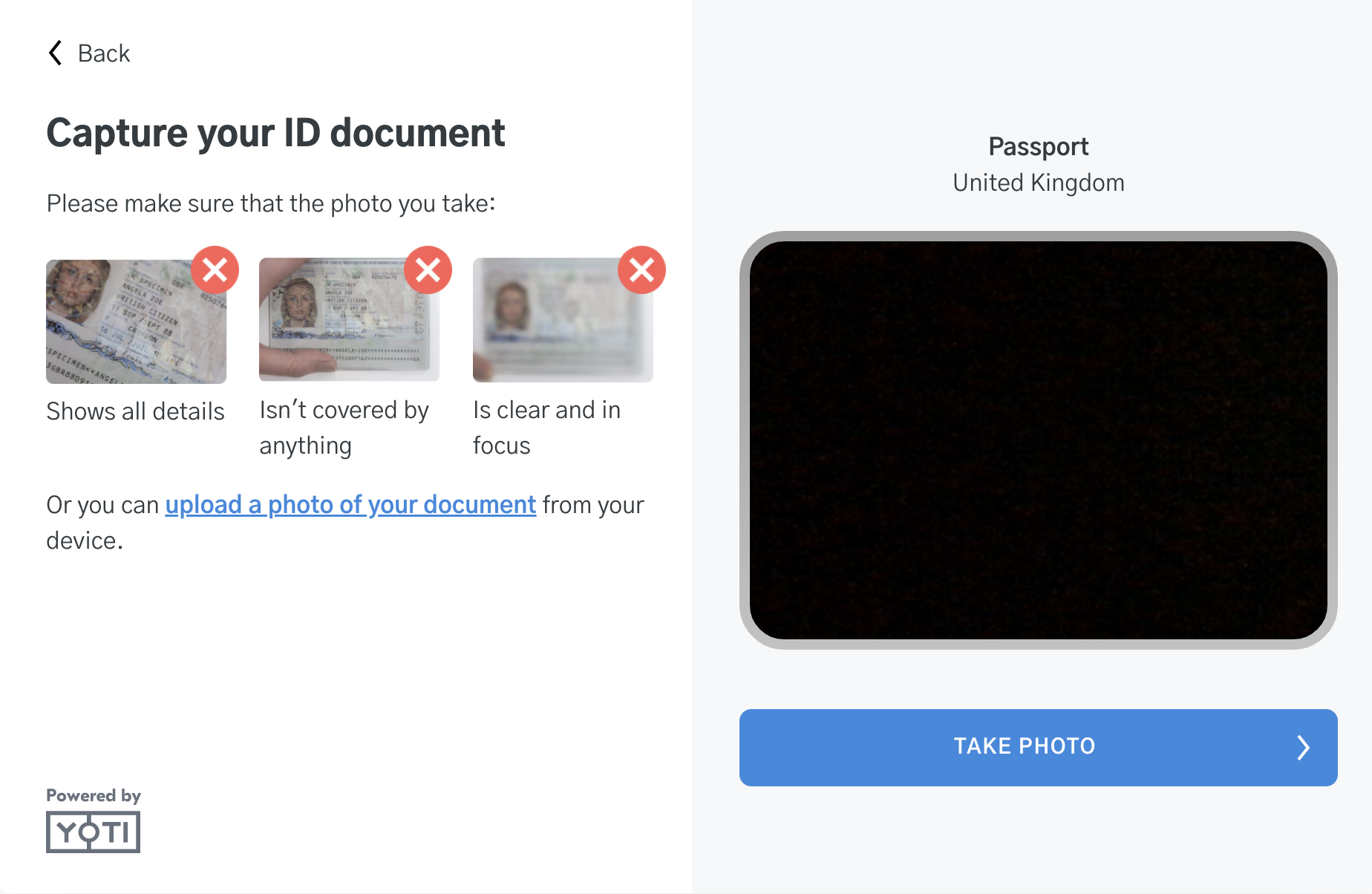 User flow: Option to take photo or upload.