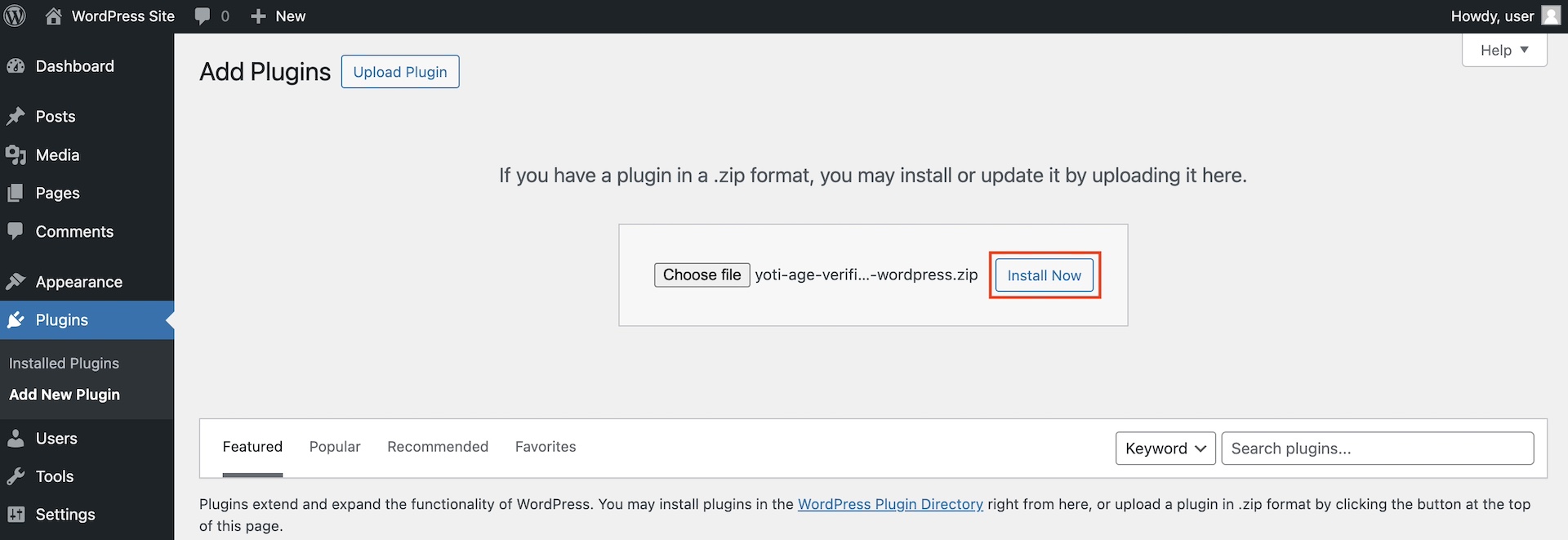 Settings > Plugins > Add New Plugin > Upload Plugin > Install Now