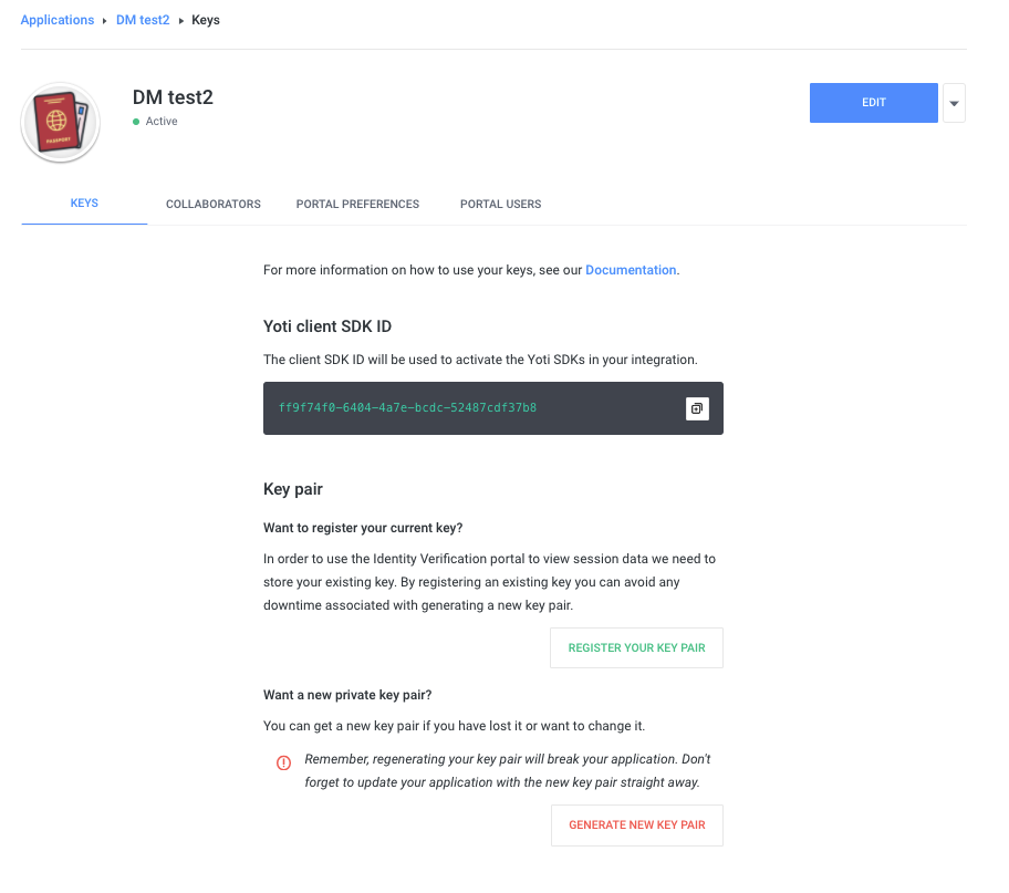Hub > Application > Keys