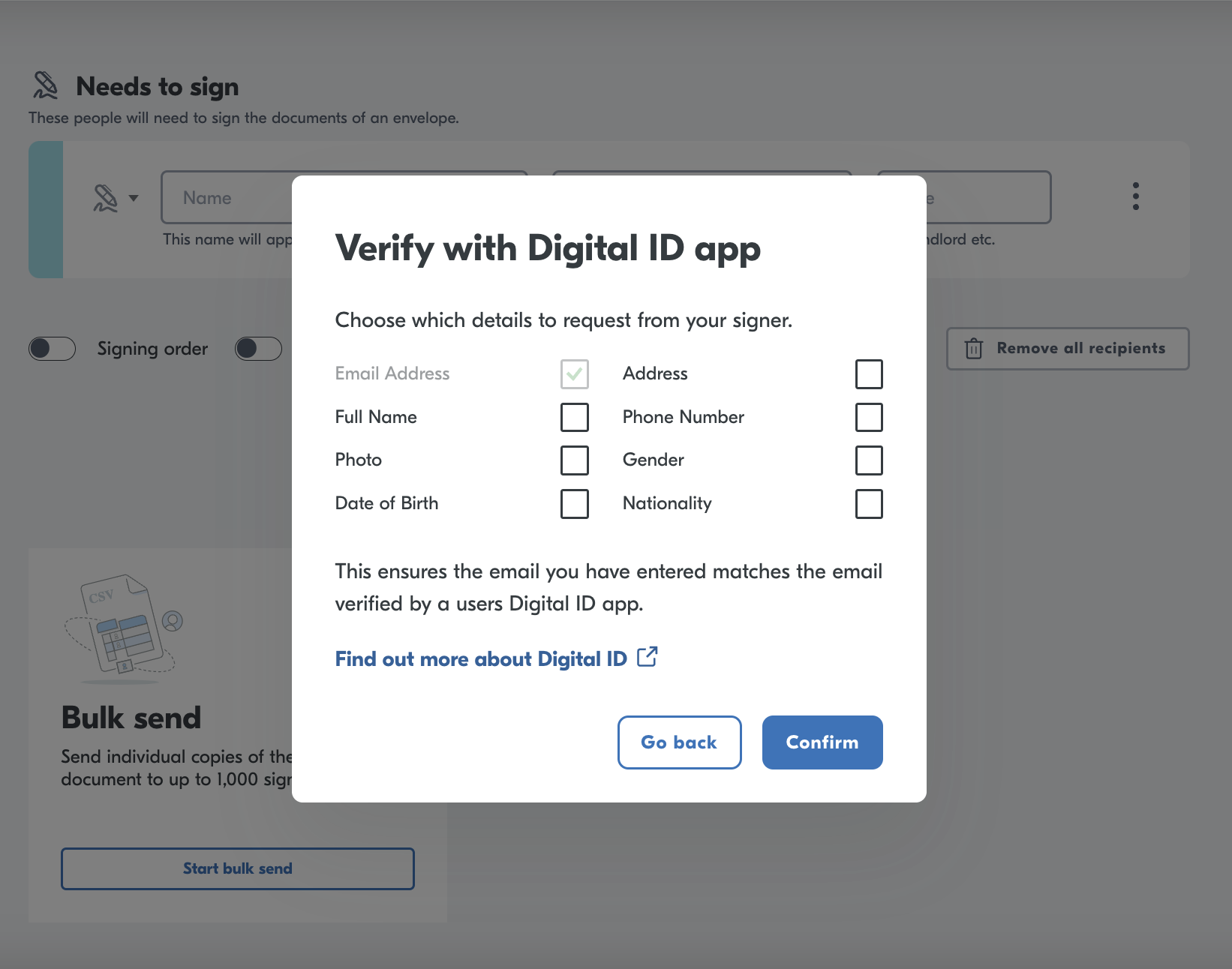 Send a document &gt; Signers &gt; Verify with Yoti.