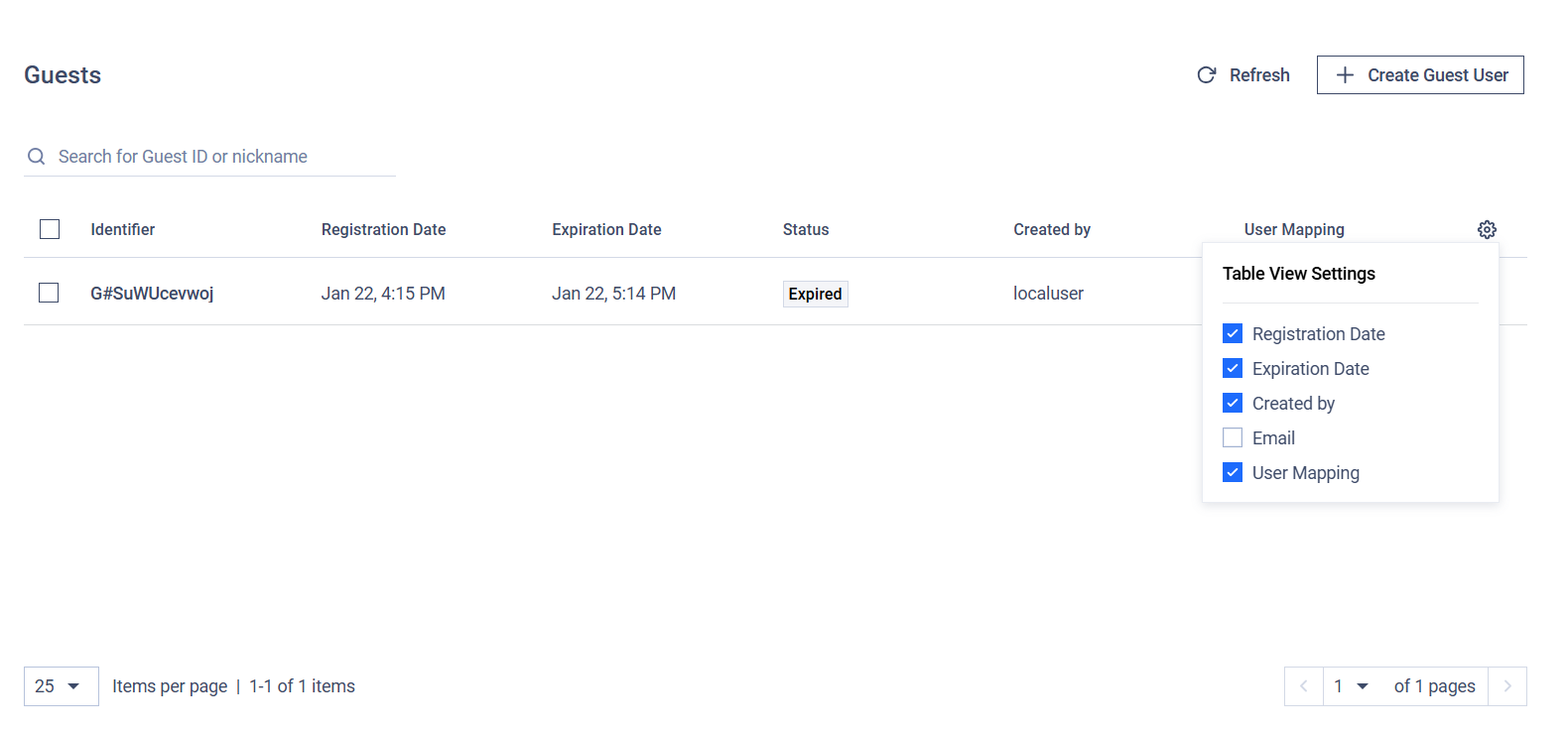 Selected User Mapping column on the Guest Users page