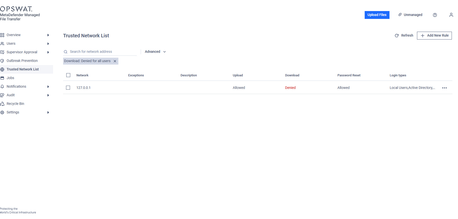 Table view with applied "Download: Denied for all users" option