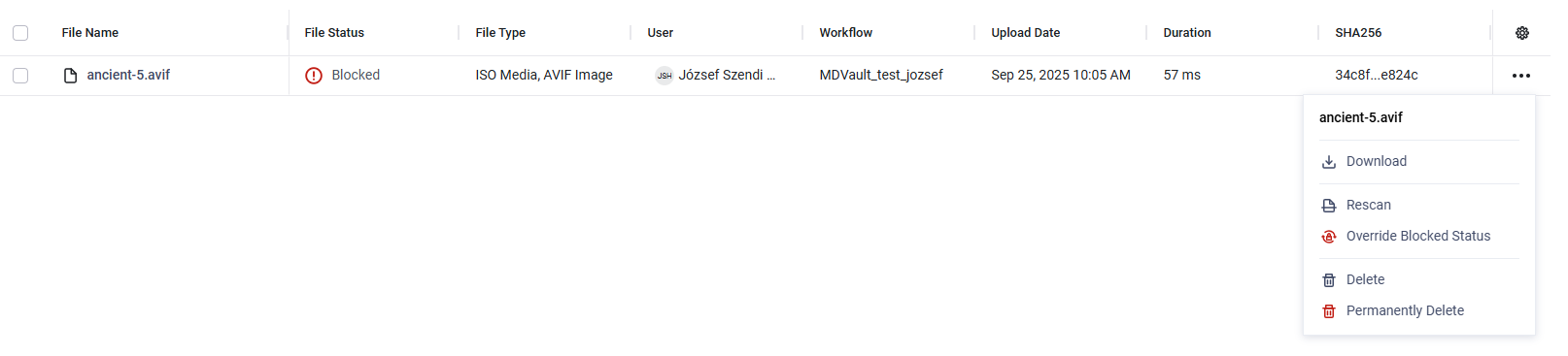 Override Blocked Status action available for Blocked files