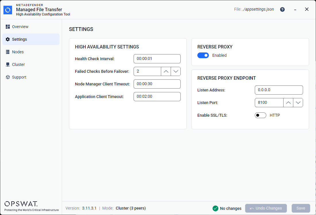 High Availability Configuration Tool - Settings page