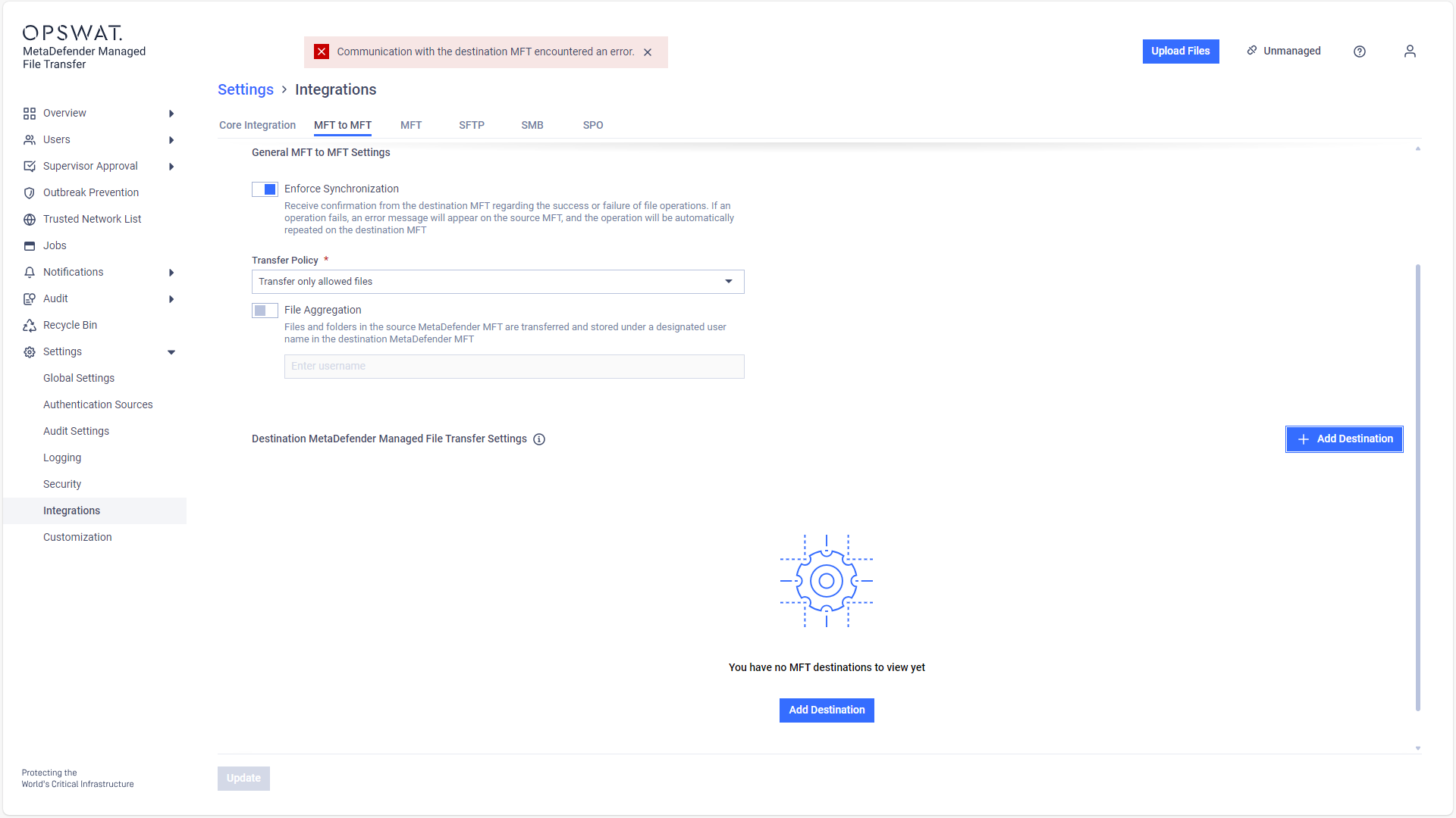 Example: Invalid URL was given with Enforce Synchronization turned on.