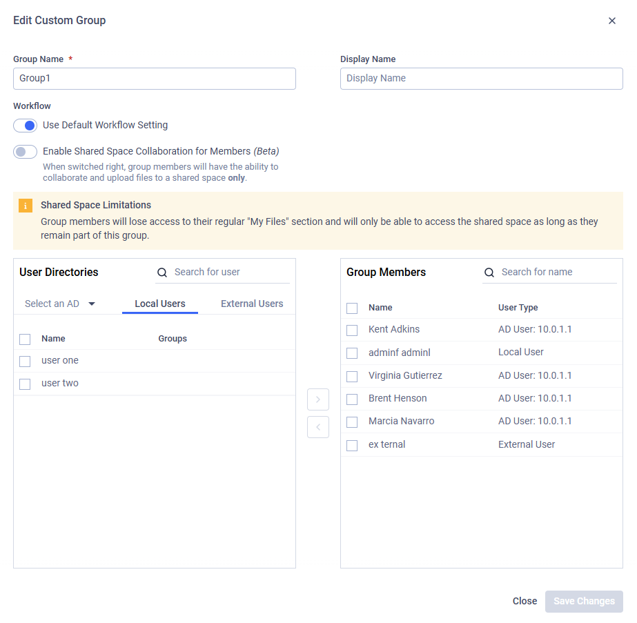 Modal of Edit Custom Group