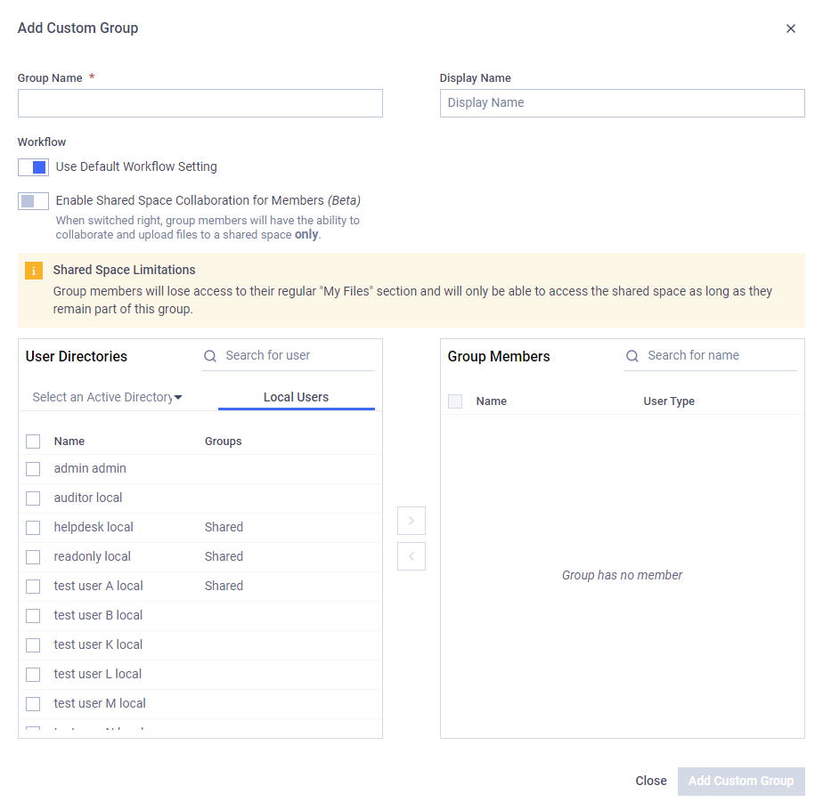Modal of Add Custom Group