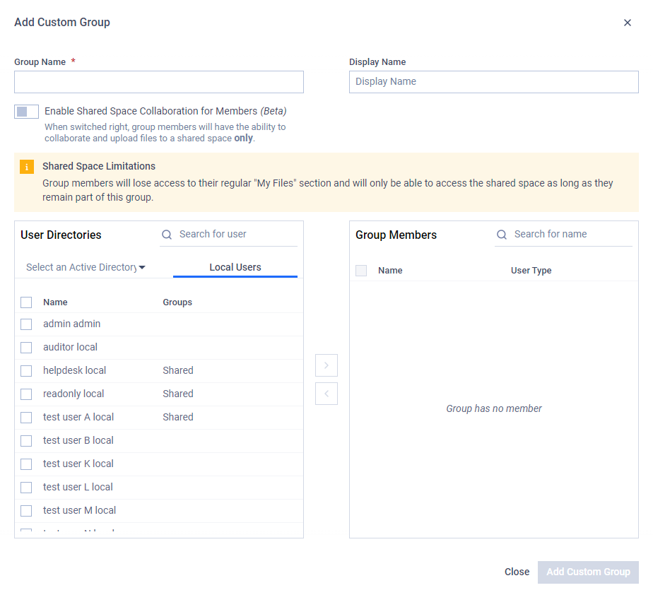 Add Custom Group modal