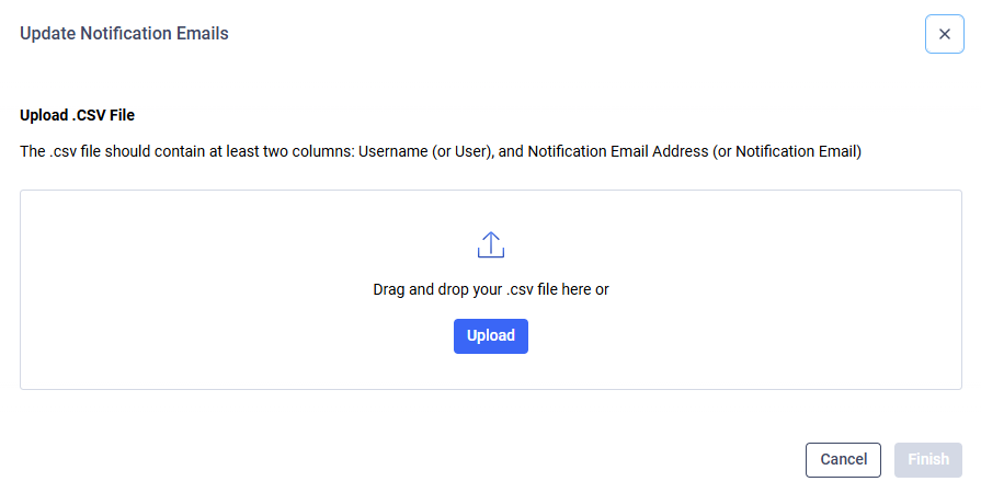 After clicking the "Update Notification Emails" button, a modal appears where the CSV file can be uploaded either by clicking the "Upload" button or drag-and-dropping the file.
