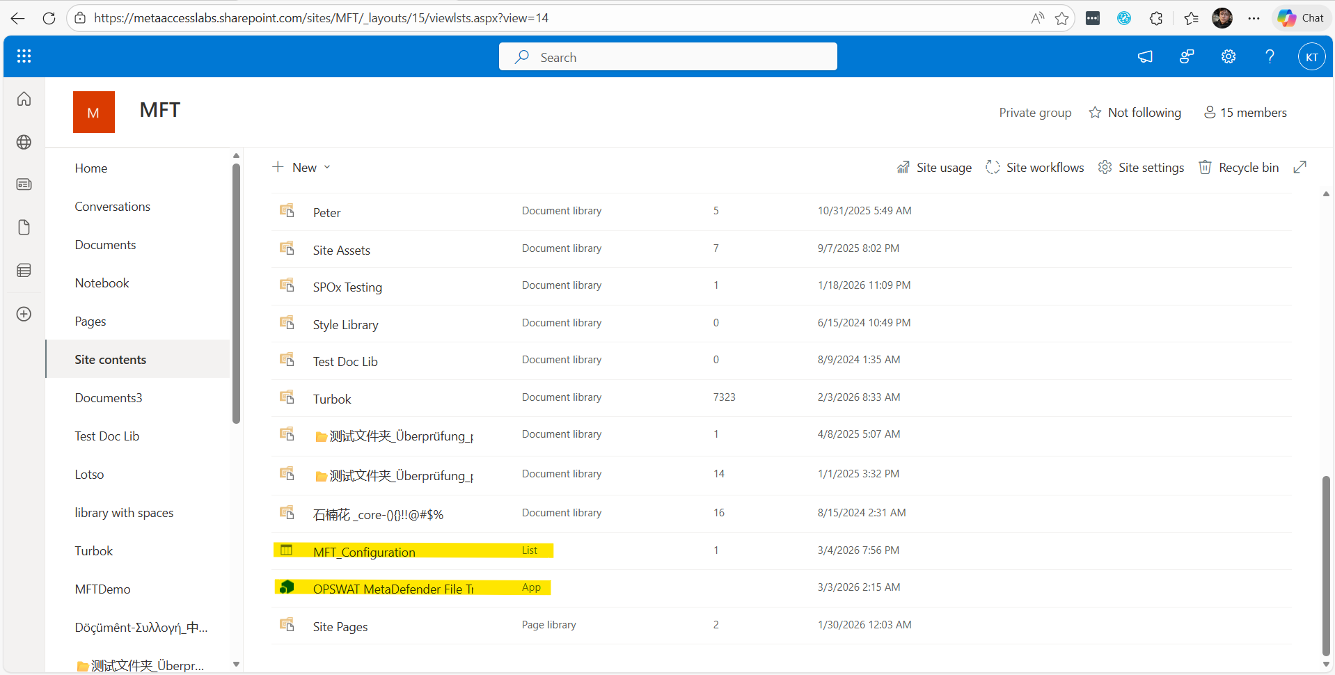 4. Double check: go back to your "Site Contents" page, you will see there are two item has been added to your site.

- MFT_Configuration: this contain the configuration of the app
- OPSWAT MetaDefender File Transfer SharePoint Add-in: this is the main application