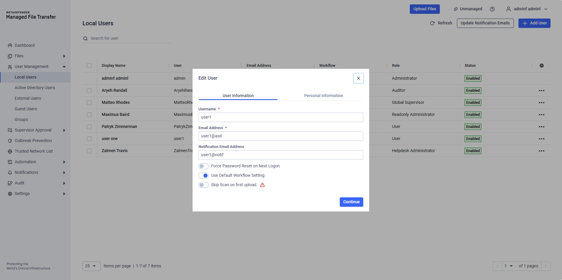 Notification email can be added, modified or cleared through editing the user.
