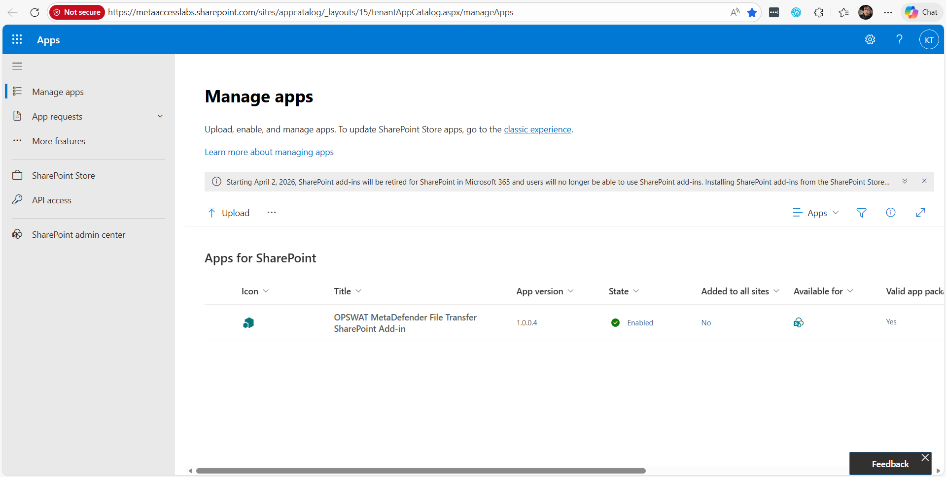 1. Upload the **mft-spoa.sppkg** file to Manage apps site. 

The app name is **OPSWAT MetaDefender File Transfer SharePoint Add-in**.