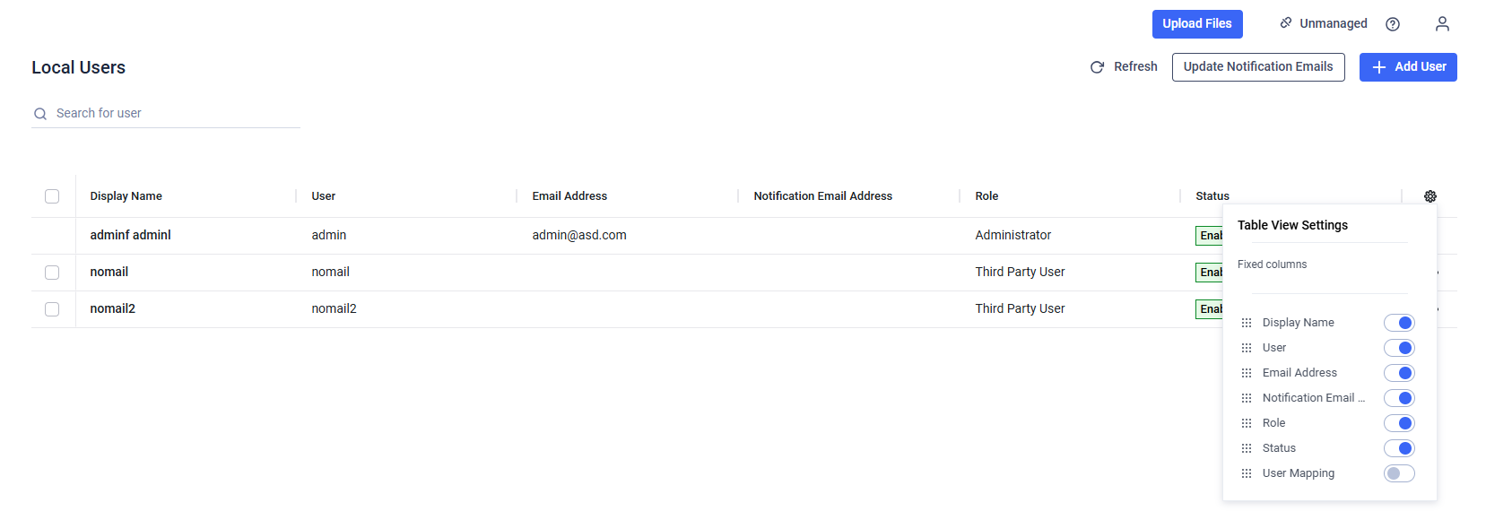 "Update Notification Emails" button appears on the upper right corner. "Notification Email Address" column can also be displayed for users next to "Email Address" column.