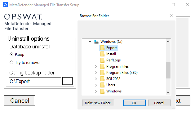 Selecting a config backup folder for uninstall
