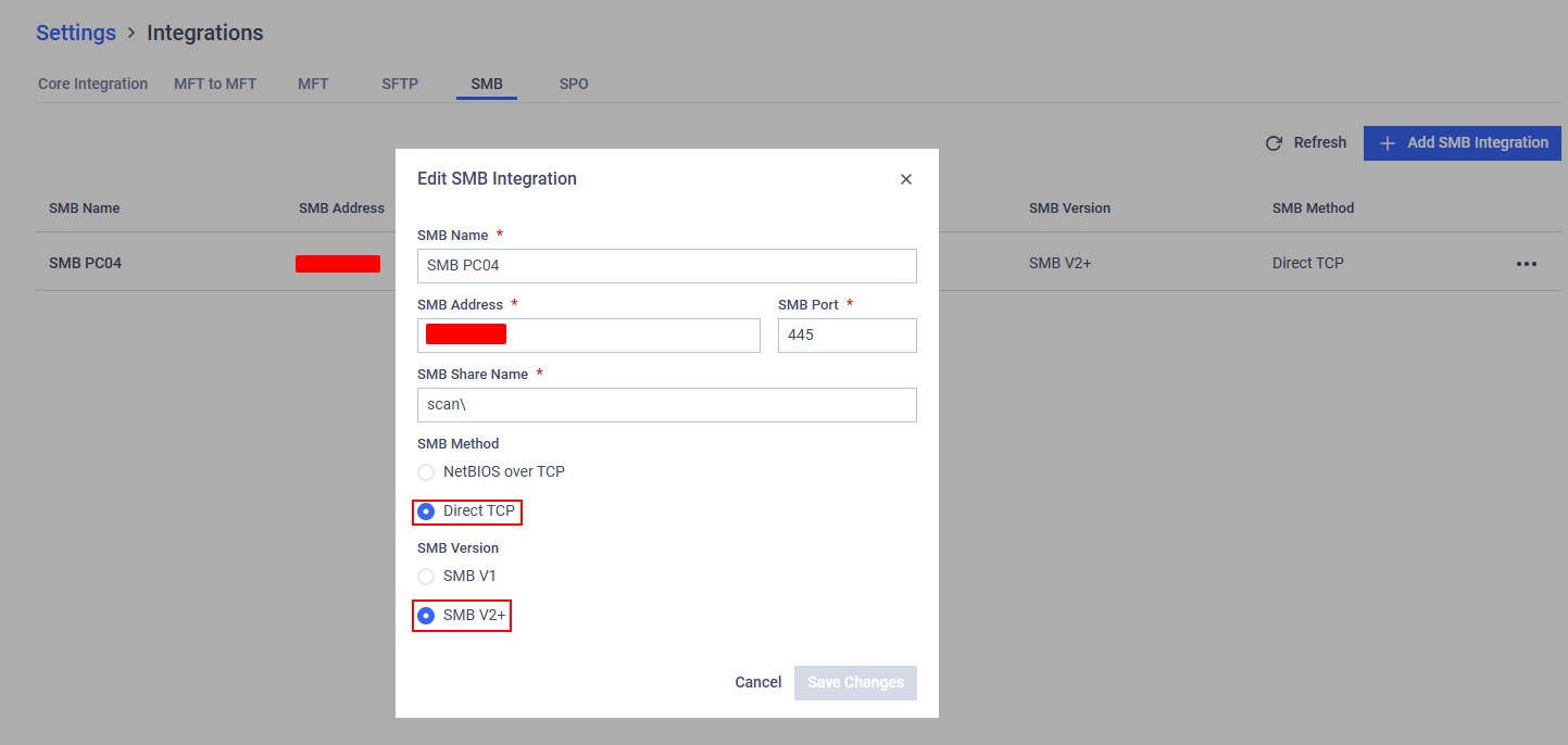 _The SMB integration was configured using "NetBIOS over TCP", and the environment used SMB V2+._
__