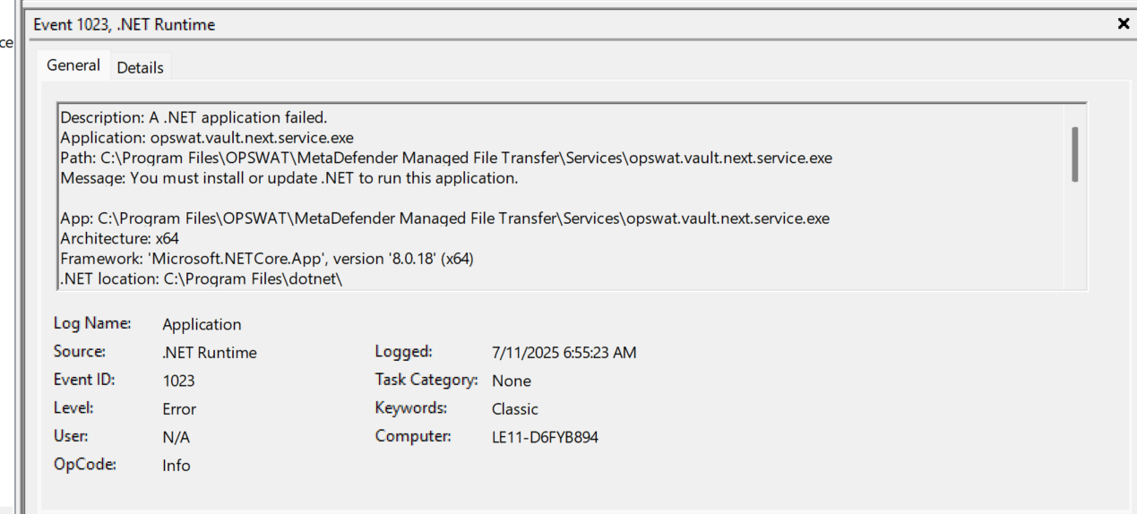 Example event log error