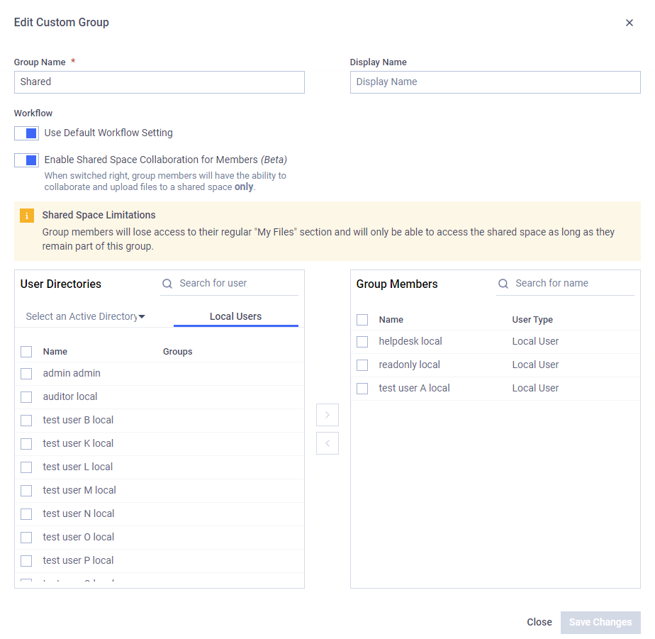 Modal of Edit Custom Group