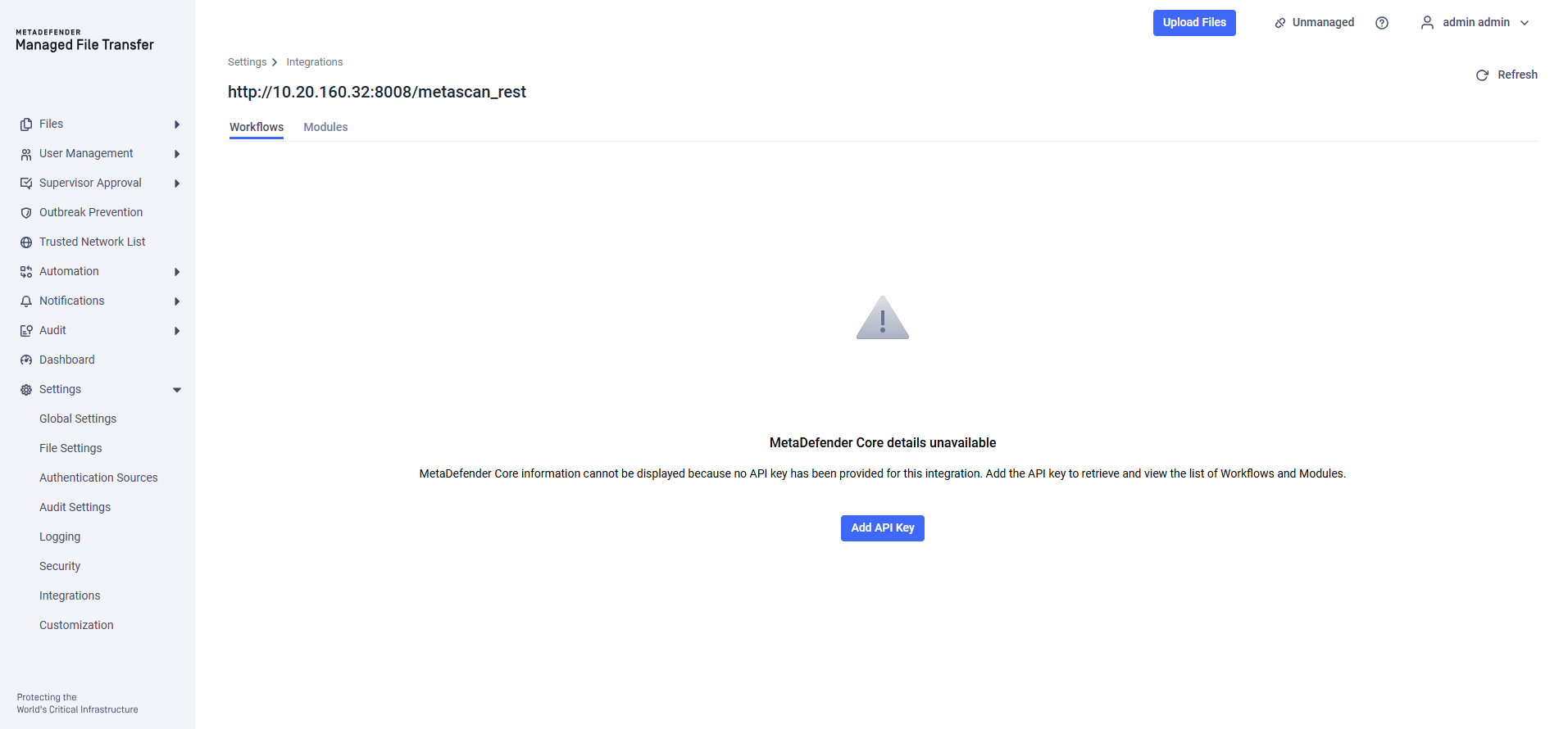 Integration details without saved API key