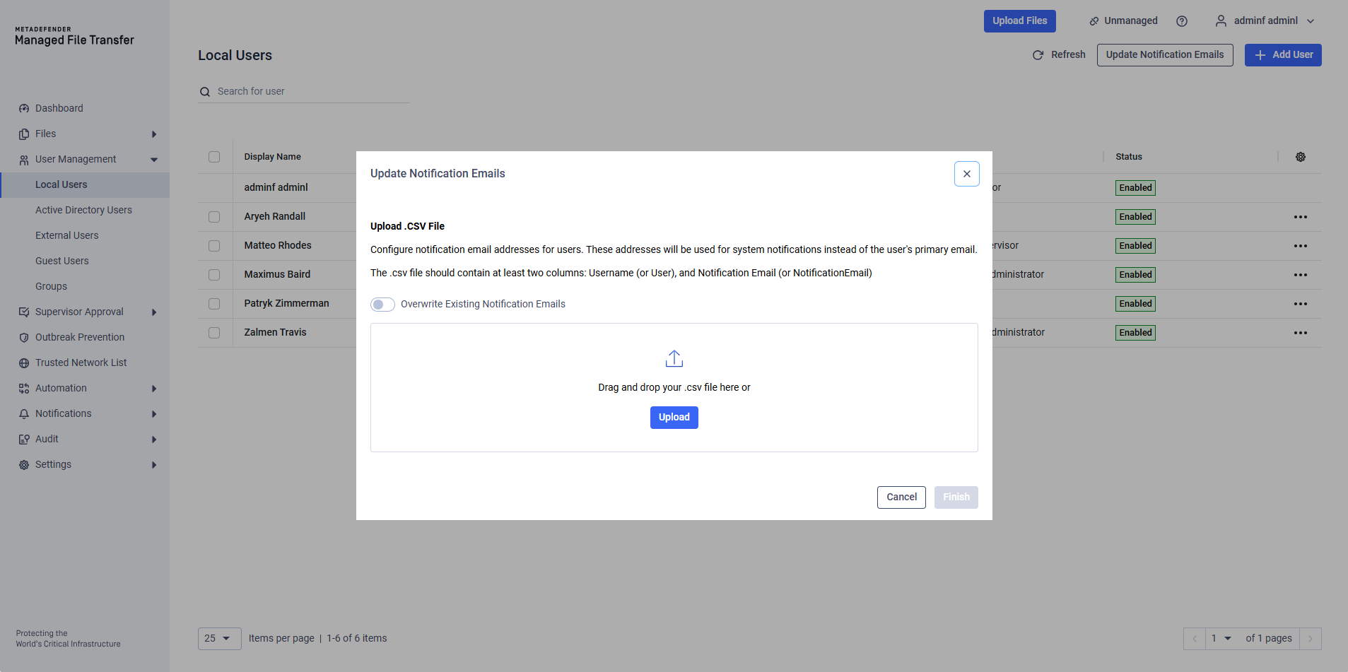 After clicking the "Update Notification Emails" button, a modal appears where the CSV file can be uploaded either by clicking the "Upload" button or drag-and-dropping the file.