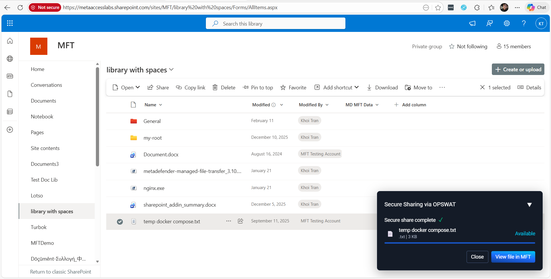5. A file is uploaded, scanned (if configured) and shared successfully. Click "View file in MFT" to view it