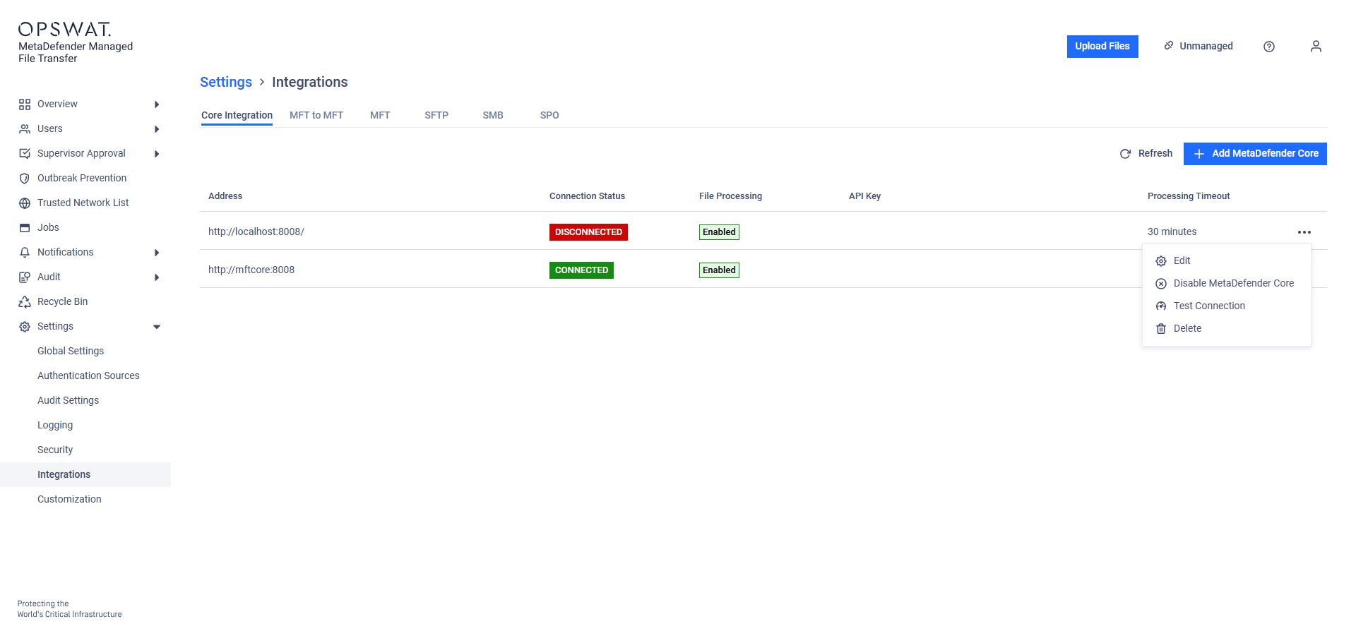 Manage integration actions