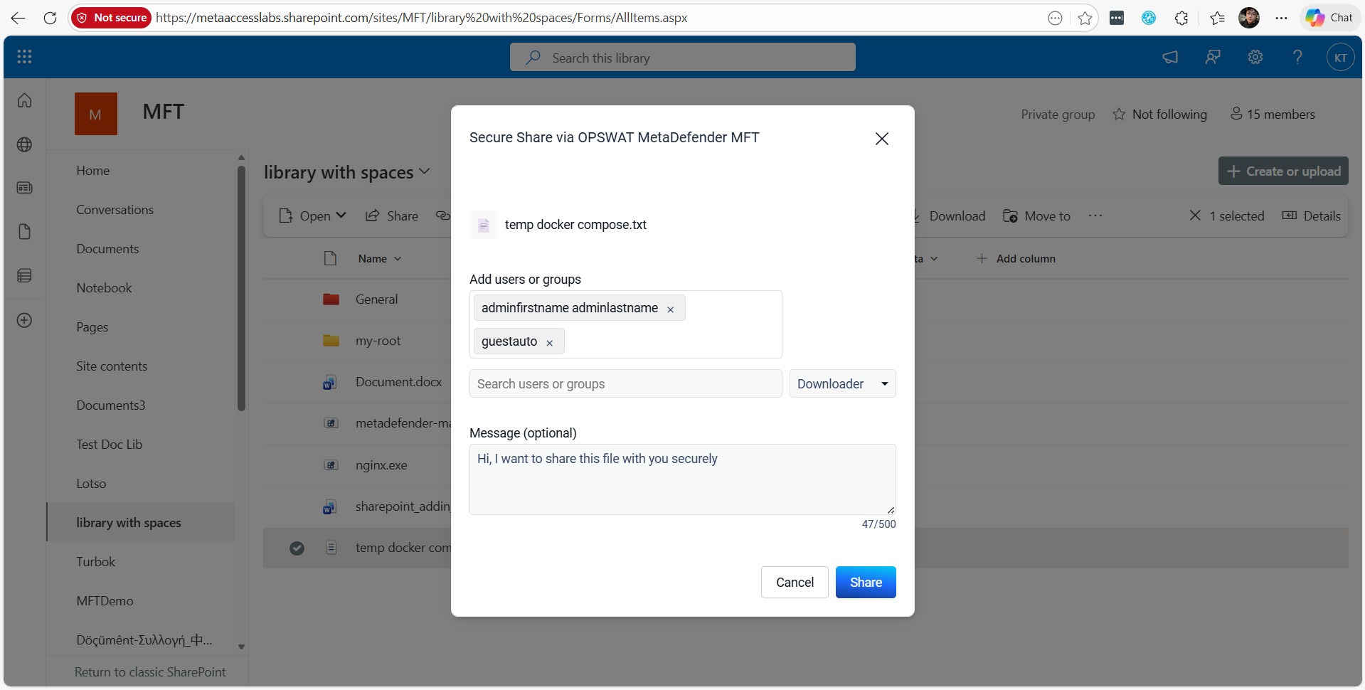 3. Enter users and groups that you want to share this file, notify them with a message if need. Then click Share