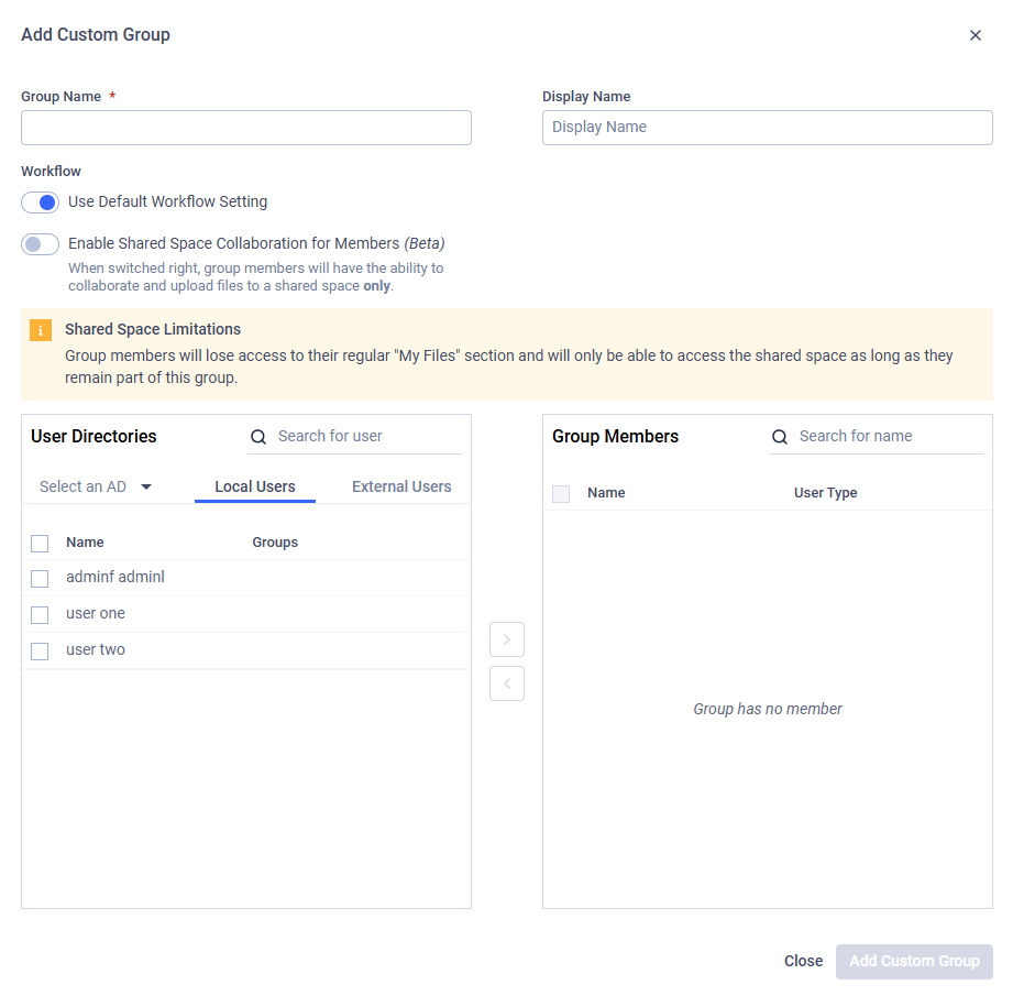 Modal of Add Custom Group